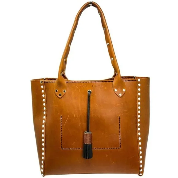 Jaxy Blue Medium Leather Tote Bag Brown Handmade Studded Western Tassel Pocket - Picture 7 of 14
